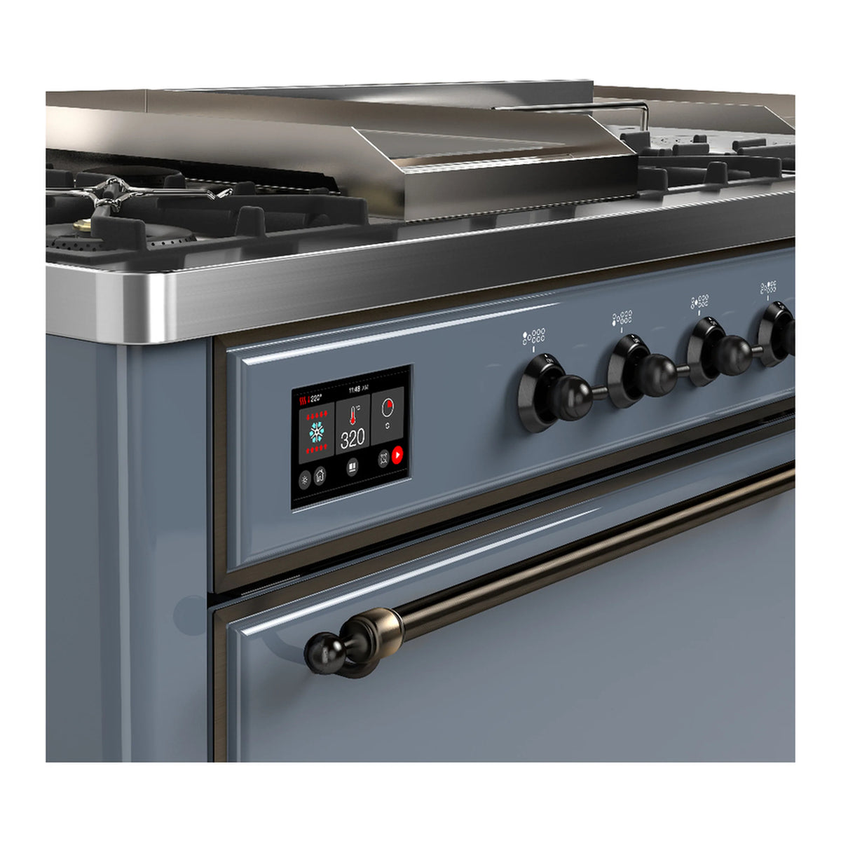 Dual fuel range control panel close-up with digital display and black burner knobs