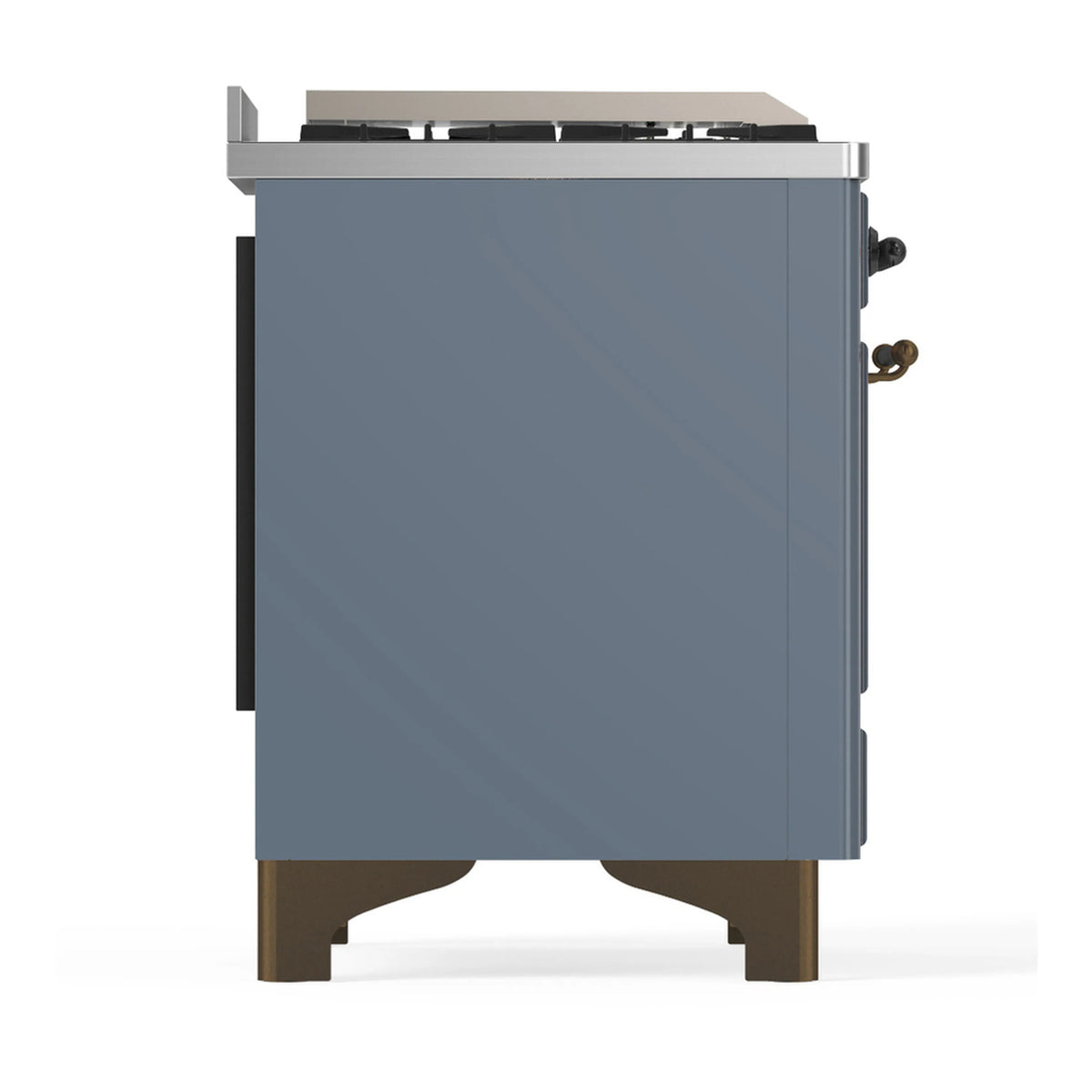 Blue grey dual fuel range side view with side handle and burnished feet
