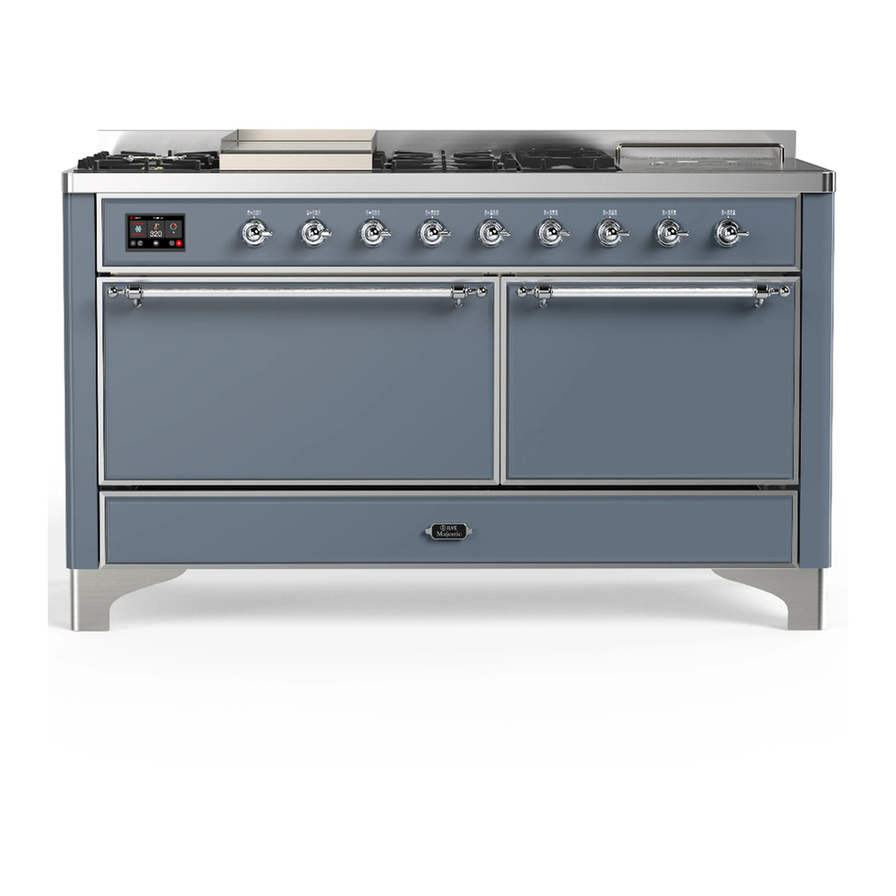 Blue grey dual fuel range with chrome trim, dual doors, and control knobs