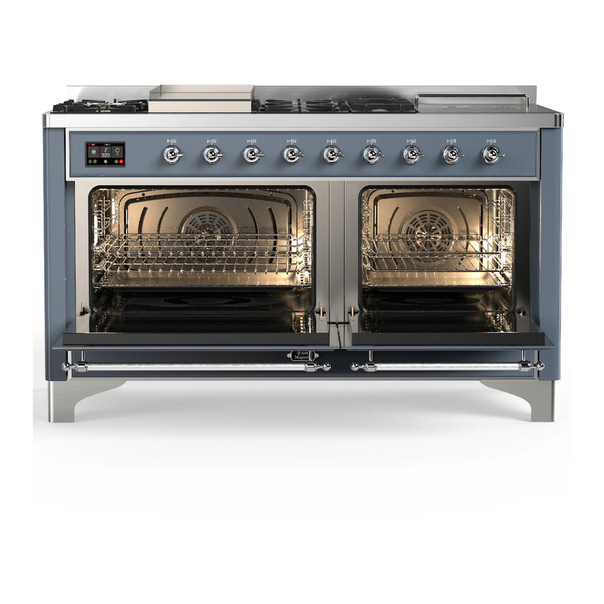 Blue grey dual fuel range with chrome trim; oven doors open, visible racks and burners