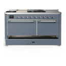 ILVE Majestic III 60-inch Dual Fuel Range with 5 Liquid Propane Burner, Griddle, French Top and Solid Door Electric Oven in Blue Grey with Chrome Trim (UM60FSQNR3BGCLP)