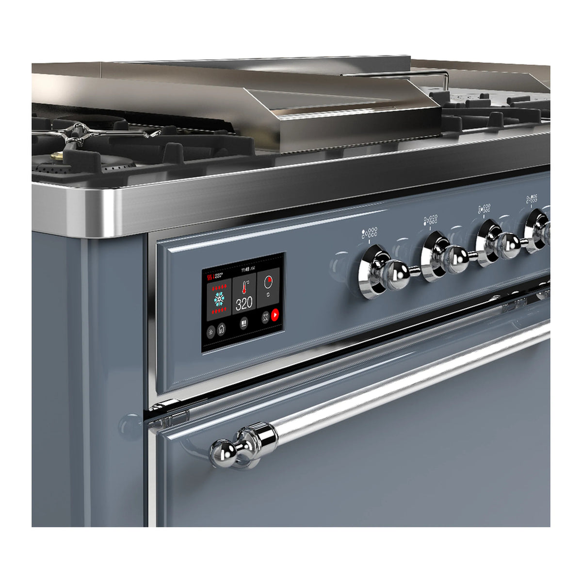 Blue grey dual fuel range control panel with digital display and chrome oven handle