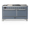 ILVE Majestic III 60-inch Dual Fuel Range with 5 Liquid Propane Burner, Griddle, French Top and Solid Door Electric Oven in Blue Grey with Chrome Trim (UM60FSQNR3BGCLP)