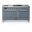 ILVE Majestic III 60-inch Dual Fuel Range with 7 Natural Gas Burner, Griddle, French Top and Solid Door Electric Oven in Blue Grey with Chrome Trim (UM60FSQNR3BGC)