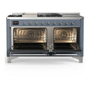 ILVE Majestic III 60-inch Dual Fuel Range with 7 Natural Gas Burner, Griddle, French Top and Solid Door Electric Oven in Blue Grey with Chrome Trim (UM60FSQNR3BGC)