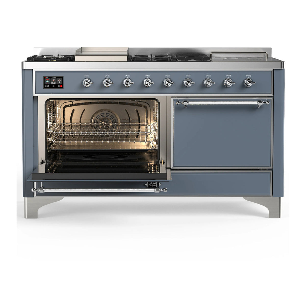 Blue grey dual fuel range with left oven open and griddle/french-top area visible