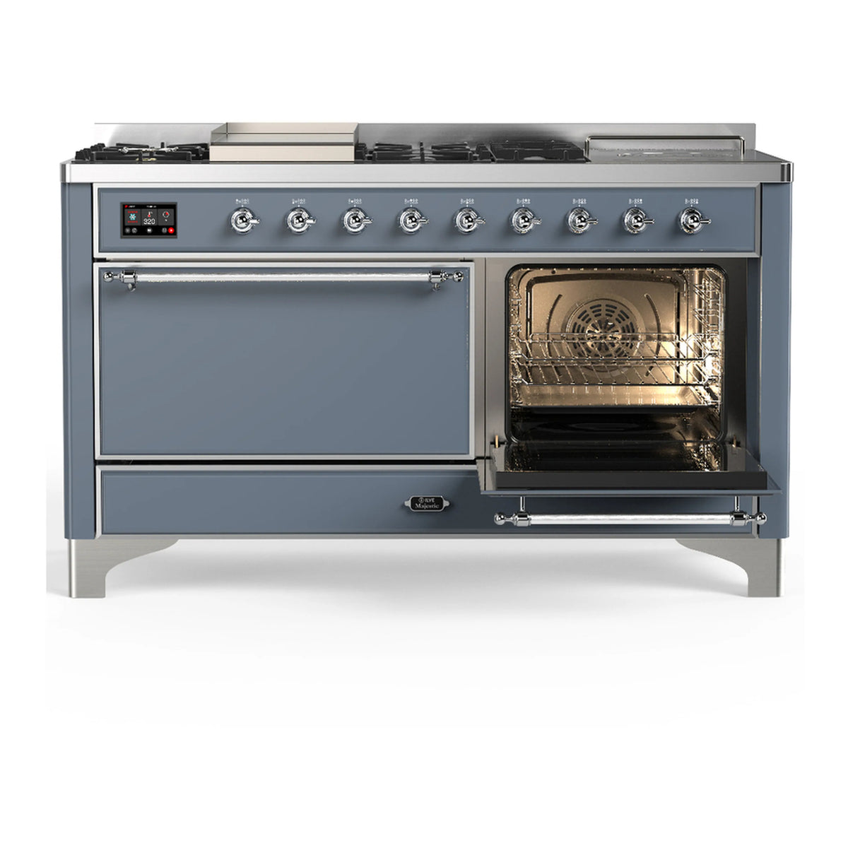 Blue grey dual fuel range with right oven open, showing glowing oven interior