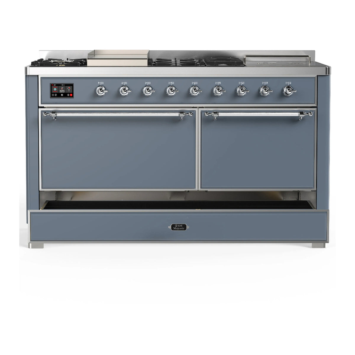Blue grey dual fuel range front view with chrome control panel and closed doors