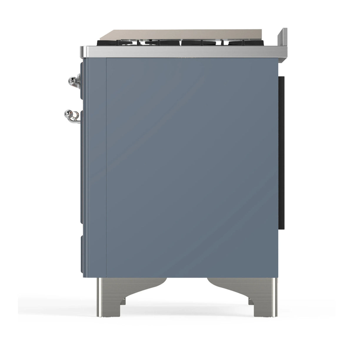 Blue grey dual fuel range side view with tall panel and chrome legs