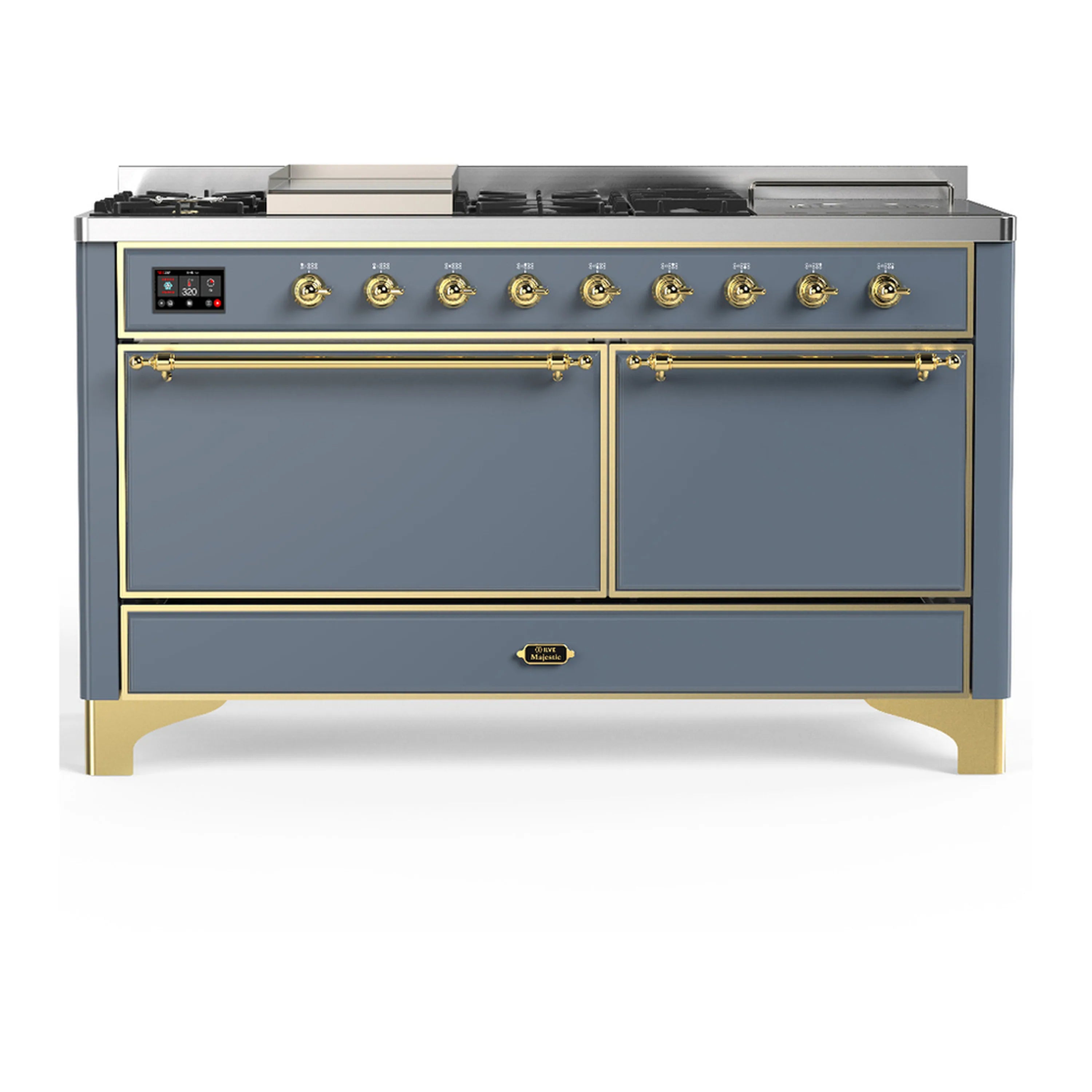 Blue-grey dual fuel range with brass trim, control panel and double oven doors