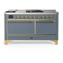 ILVE Majestic III 60-inch Dual Fuel Range with 5 Liquid Propane Burner, Griddle, French Top and Solid Door Electric Oven in Blue Grey with Brass Trim (UM60FSQNR3BGGLP)