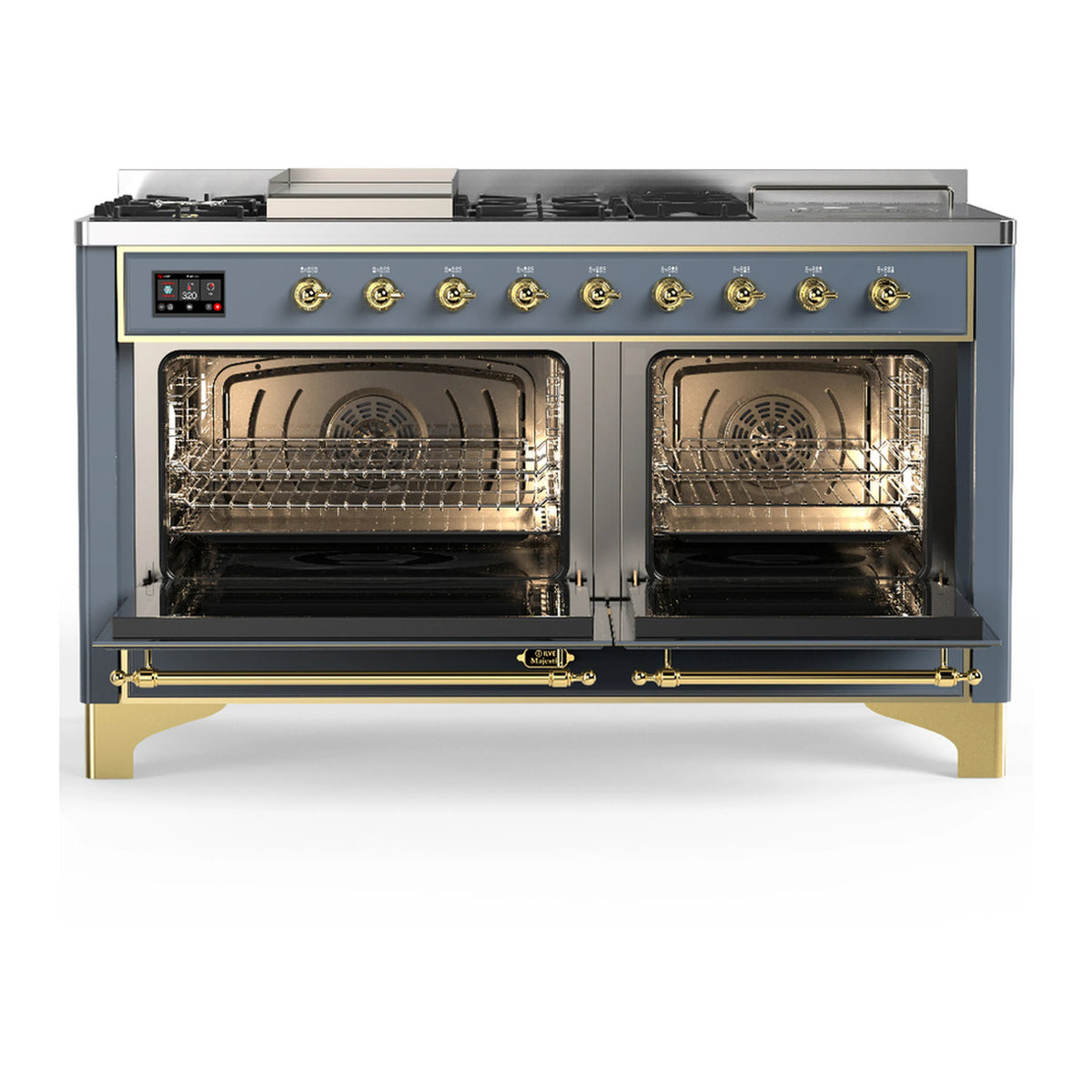 Blue-grey dual fuel range with two open ovens, wire racks inside and brass handle trim