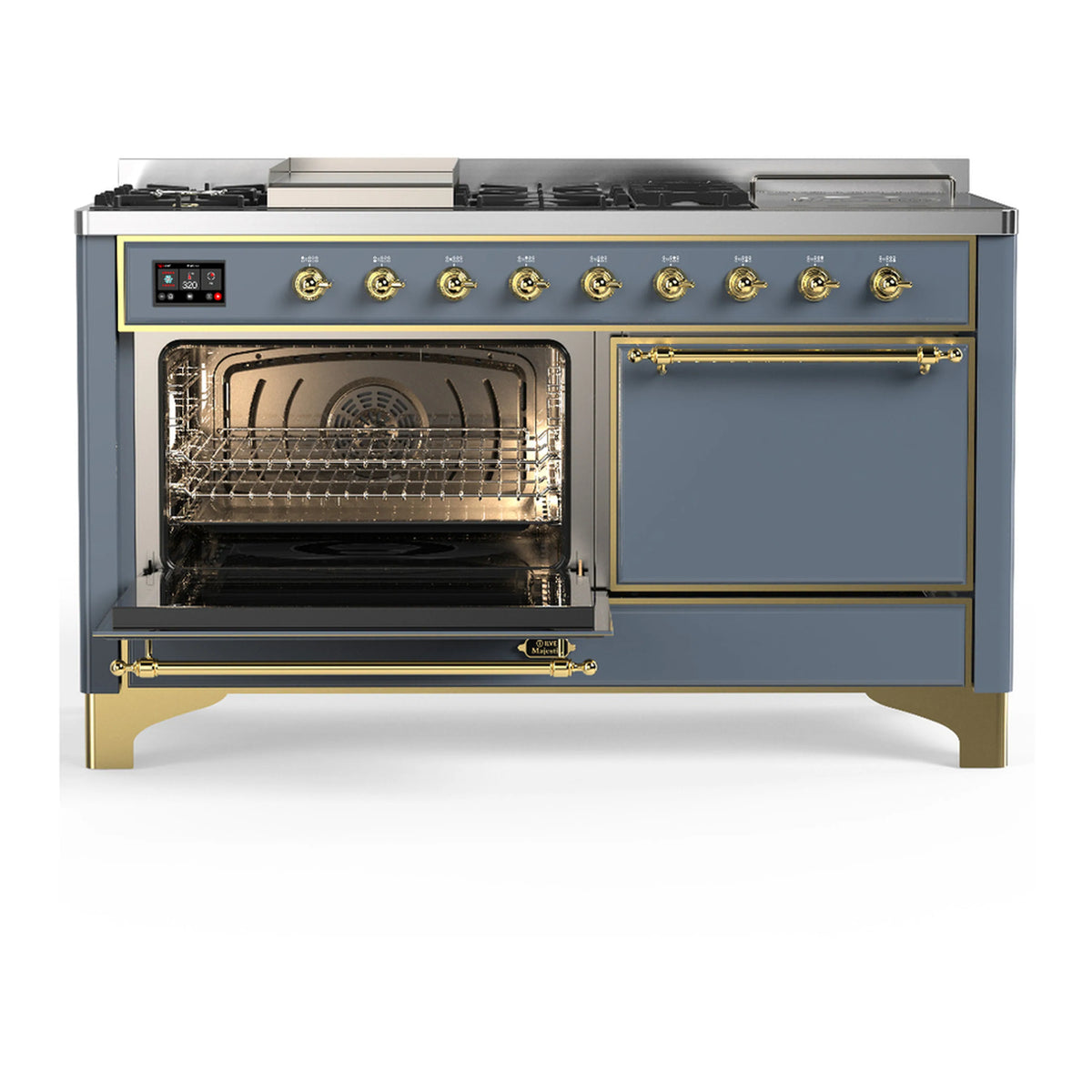 Blue-grey dual fuel range with left oven open, right oven door closed and brass trim