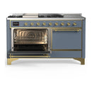 ILVE Majestic III 60-inch Dual Fuel Range with 5 Liquid Propane Burner, Griddle, French Top and Solid Door Electric Oven in Blue Grey with Brass Trim (UM60FSQNR3BGGLP)