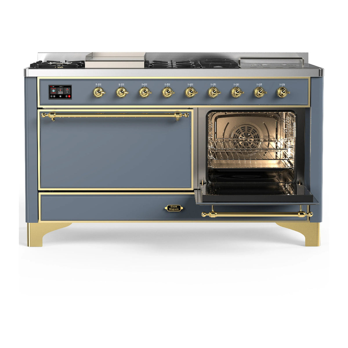 Blue-grey dual fuel range with left oven door closed and right oven open, brass trim