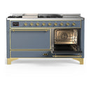 ILVE Majestic III 60-inch Dual Fuel Range with 5 Liquid Propane Burner, Griddle, French Top and Solid Door Electric Oven in Blue Grey with Brass Trim (UM60FSQNR3BGGLP)