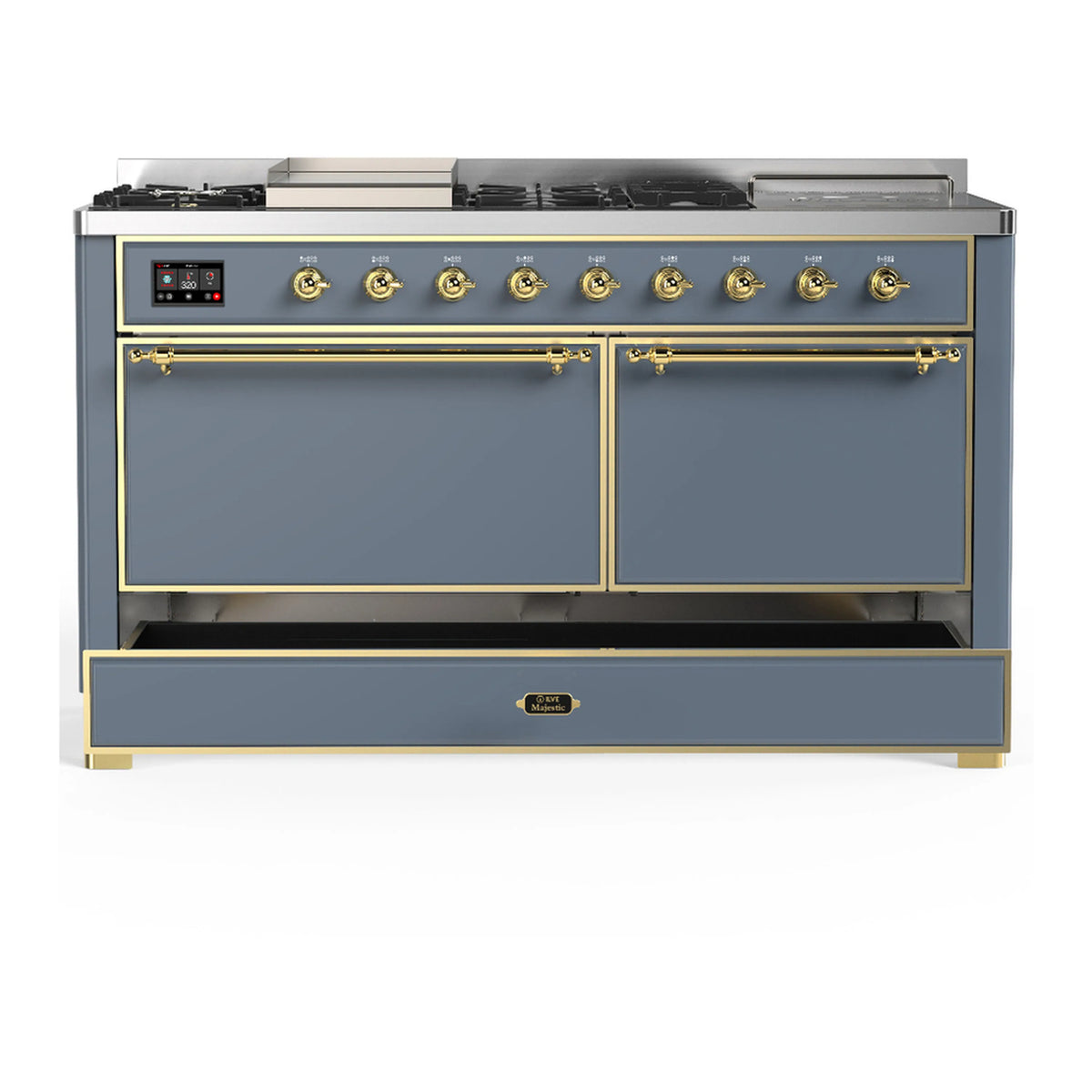 Blue-grey dual fuel range with two closed oven doors and lower storage drawer, brass trim