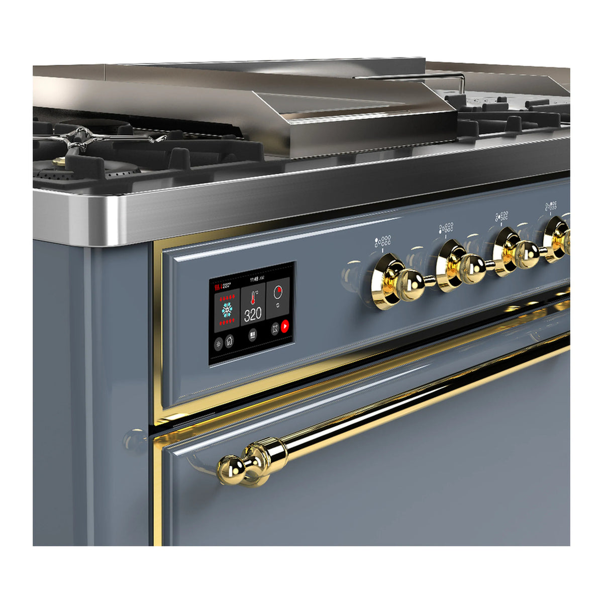 Blue-grey dual fuel range front control panel with brass knobs and stainless cooktop