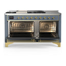ILVE Majestic III 60-inch Dual Fuel Range with 7 Natural Gas Burner, Griddle, French Top and Solid Door Electric Oven in Blue Grey with Brass Trim (UM60FSQNR3BGG)