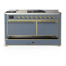 ILVE Majestic III 60-inch Dual Fuel Range with 7 Natural Gas Burner, Griddle, French Top and Solid Door Electric Oven in Blue Grey with Brass Trim (UM60FSQNR3BGG)