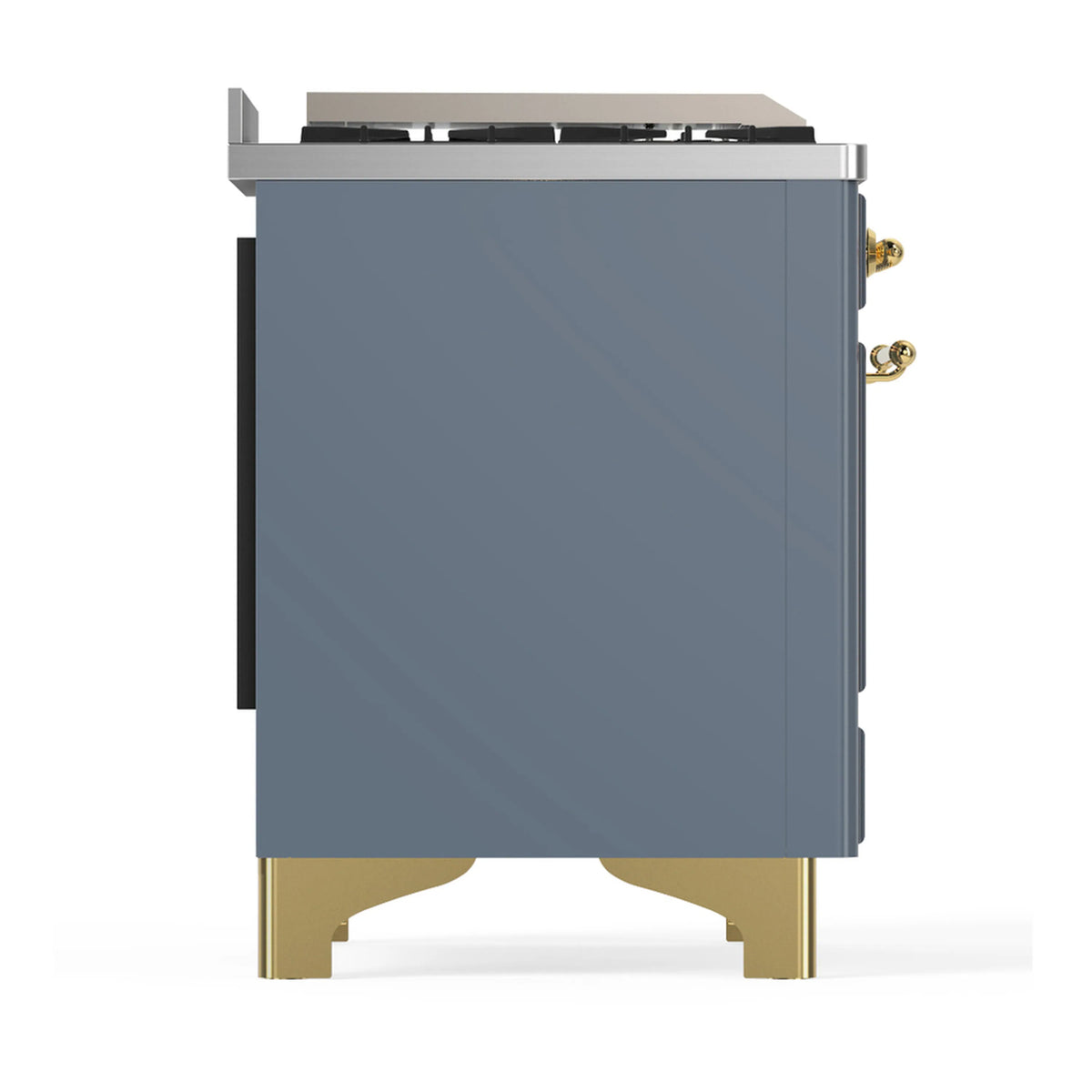 Blue grey side panel of dual fuel range with brass side fittings and legs