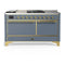 ILVE Majestic III 60-inch Dual Fuel Range with 7 Natural Gas Burner, Griddle, French Top and Solid Door Electric Oven in Blue Grey with Brass Trim (UM60FSQNR3BGG)