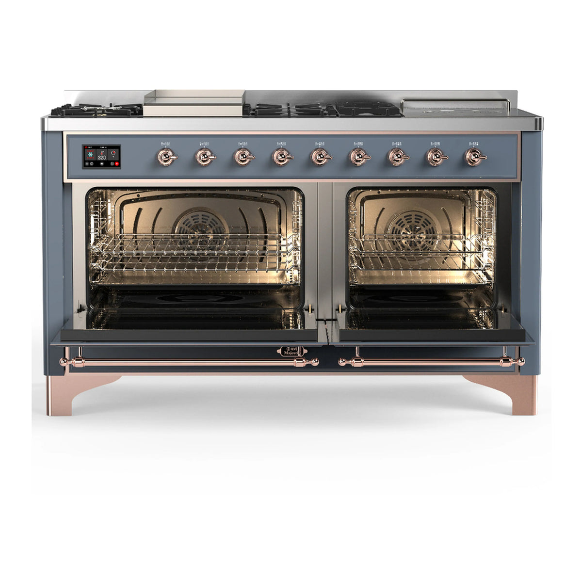 Blue grey dual fuel range with copper trim; both oven doors open to show racks