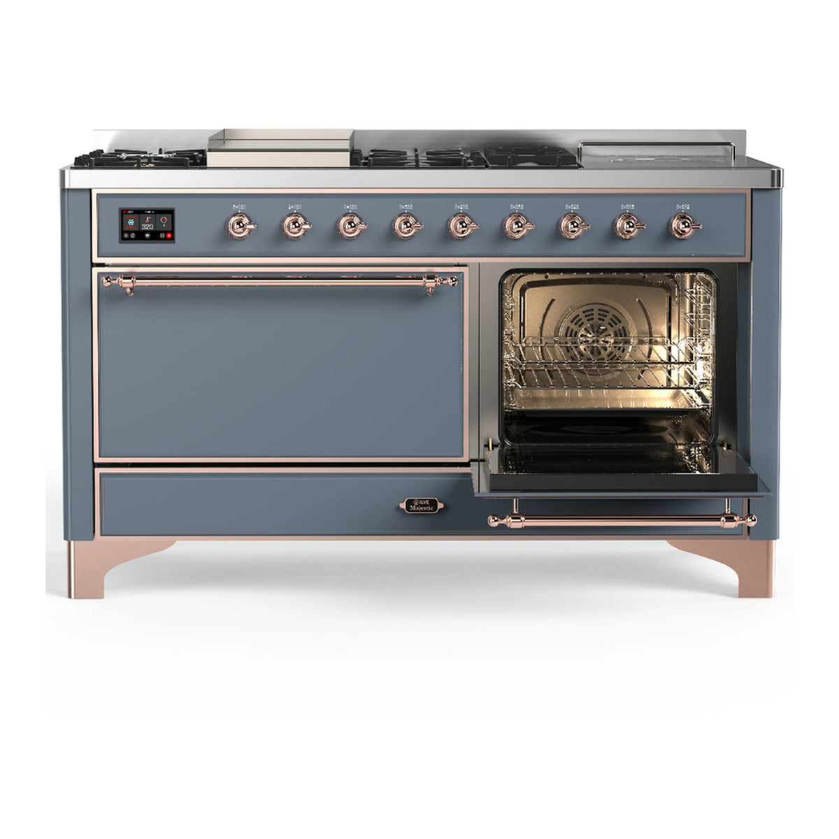 Blue grey dual fuel range with copper trim; left oven door open with interior cavity