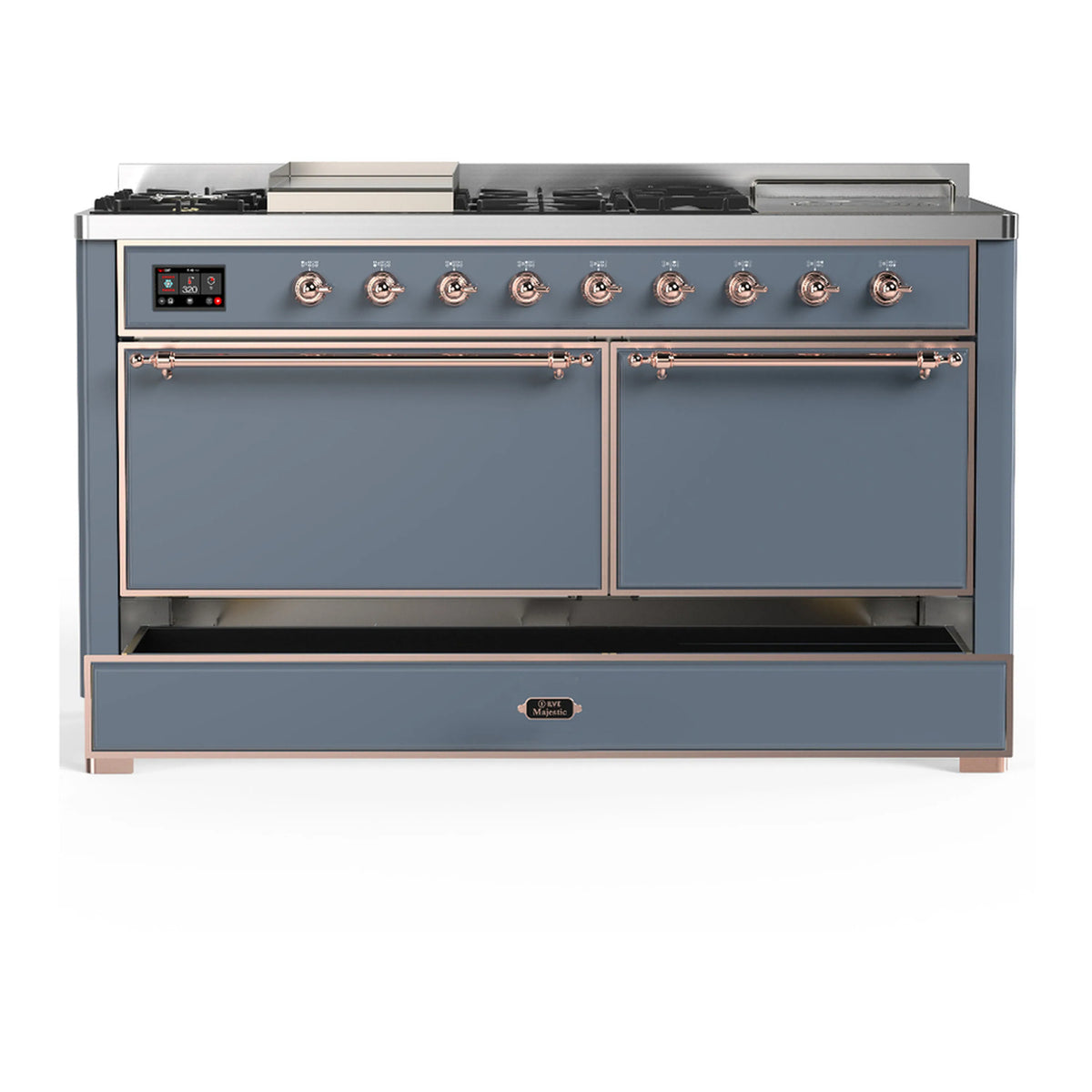 Blue grey dual fuel range with copper trim; two top burner doors and storage drawer