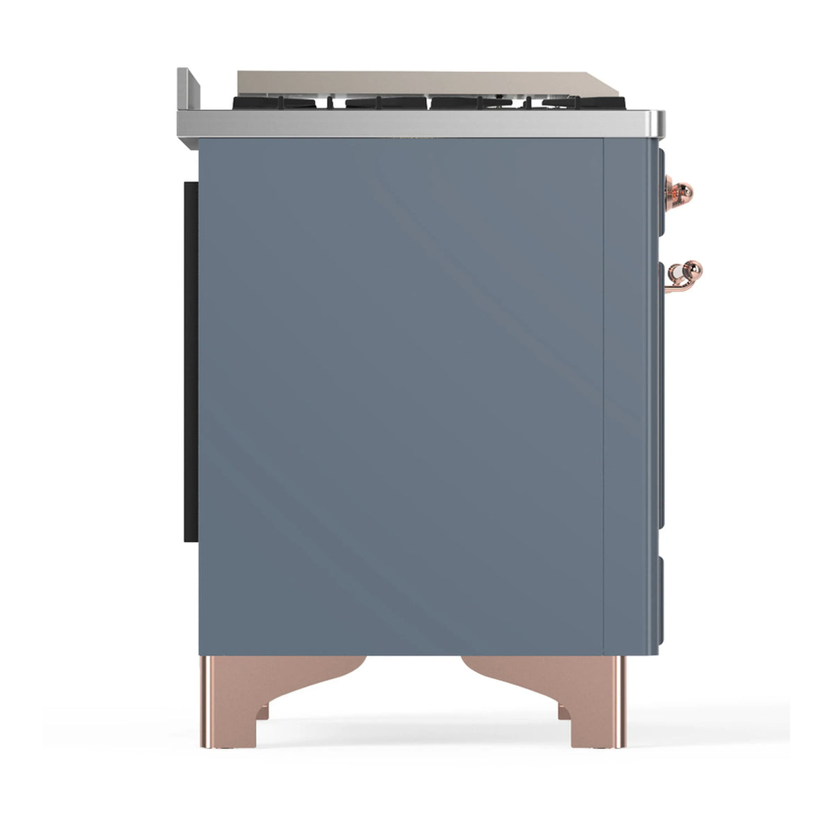 Blue grey dual fuel range side view with copper trim legs and rear cooktop panel