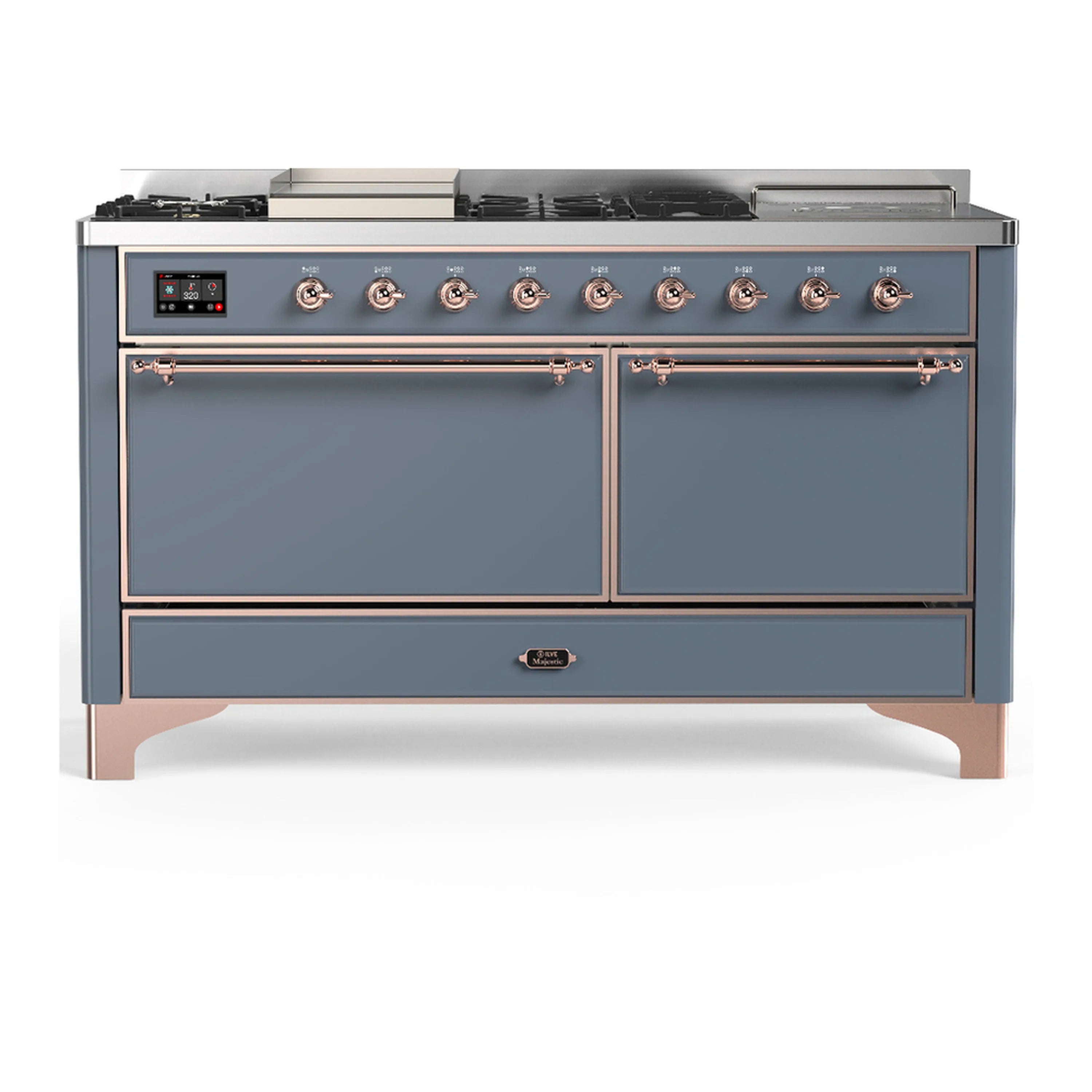 Blue-grey dual fuel range with copper trim, top controls and seven burner knobs