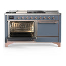 ILVE Majestic III 60-inch Dual Fuel Range with 7 Natural Gas Burner, Griddle, French Top and Solid Door Electric Oven in Blue Grey with Copper Trim (UM60FSQNR3BGP)