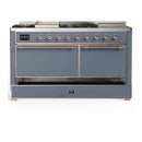 ILVE Majestic III 60-inch Dual Fuel Range with 7 Natural Gas Burner, Griddle, French Top and Solid Door Electric Oven in Blue Grey with Copper Trim (UM60FSQNR3BGP)