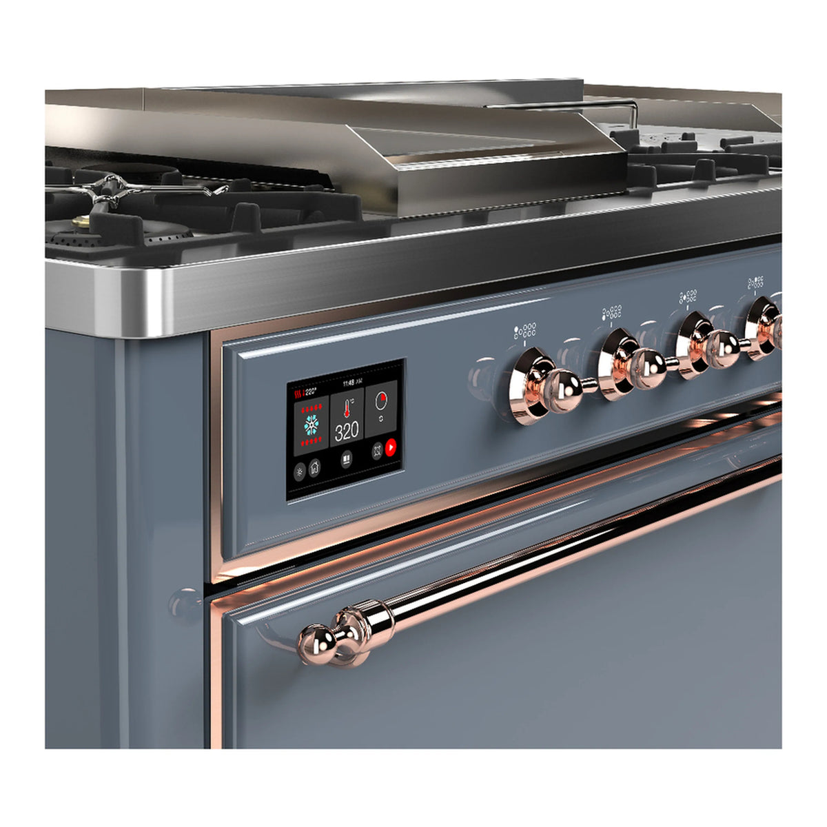 Blue-grey dual fuel range control panel with copper-trimmed knobs and digital display