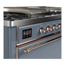 ILVE Majestic III 60-inch Dual Fuel Range with 7 Natural Gas Burner, Griddle, French Top and Solid Door Electric Oven in Blue Grey with Copper Trim (UM60FSQNR3BGP)