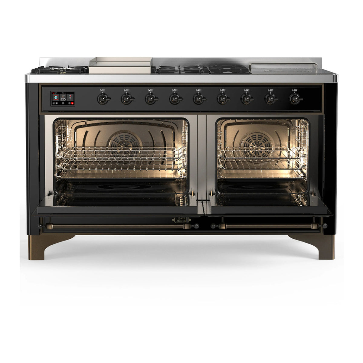 Glossy black range with both oven doors open, showing two wire racks and heating elements