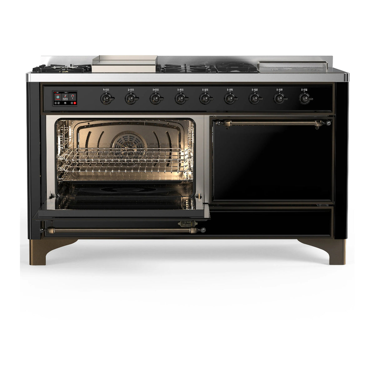 Dual fuel range with one oven door open and broiler visible, in glossy black