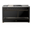 ILVE Majestic III 60-inch Dual Fuel Range with 5 Liquid Propane Burner, Griddle, French Top and Solid Door Electric Oven in Glossy Black with Burnished Trim (UM60FSQNR3BKBLP)