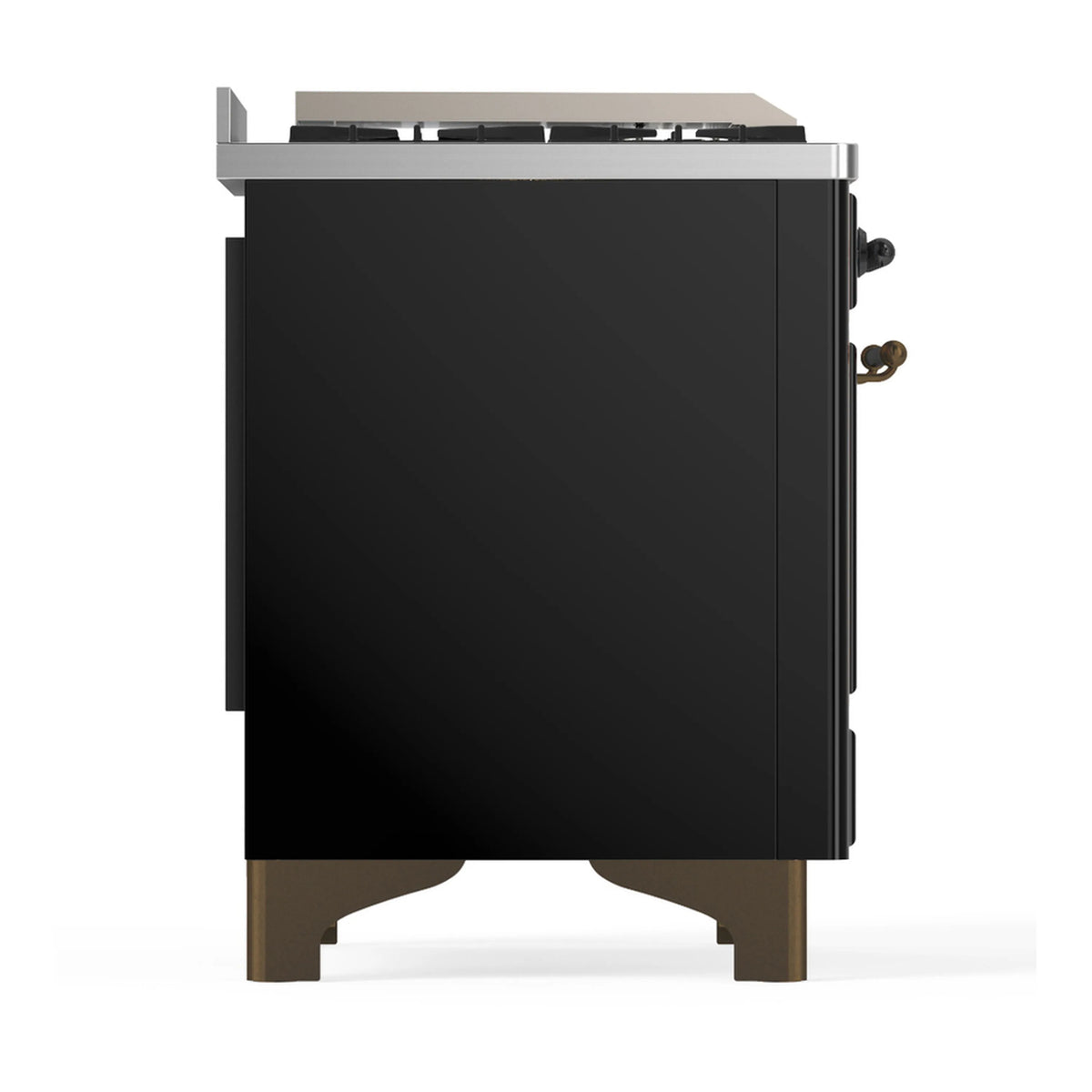 Side view of glossy black dual fuel range with control-side panel and burnished feet