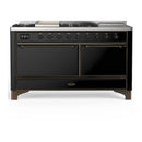 ILVE Majestic III 60-inch Dual Fuel Range with 7 Natural Gas Burner, Griddle, French Top and Solid Door Electric Oven in Glossy Black with Burnished Trim (UM60FSQNR3BKB)
