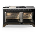 ILVE Majestic III 60-inch Dual Fuel Range with 7 Natural Gas Burner, Griddle, French Top and Solid Door Electric Oven in Glossy Black with Burnished Trim (UM60FSQNR3BKB)