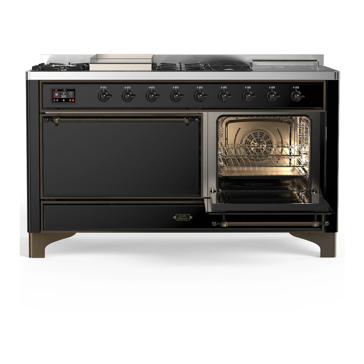 Glossy black dual fuel range with right oven open and racks visible, burnished trim