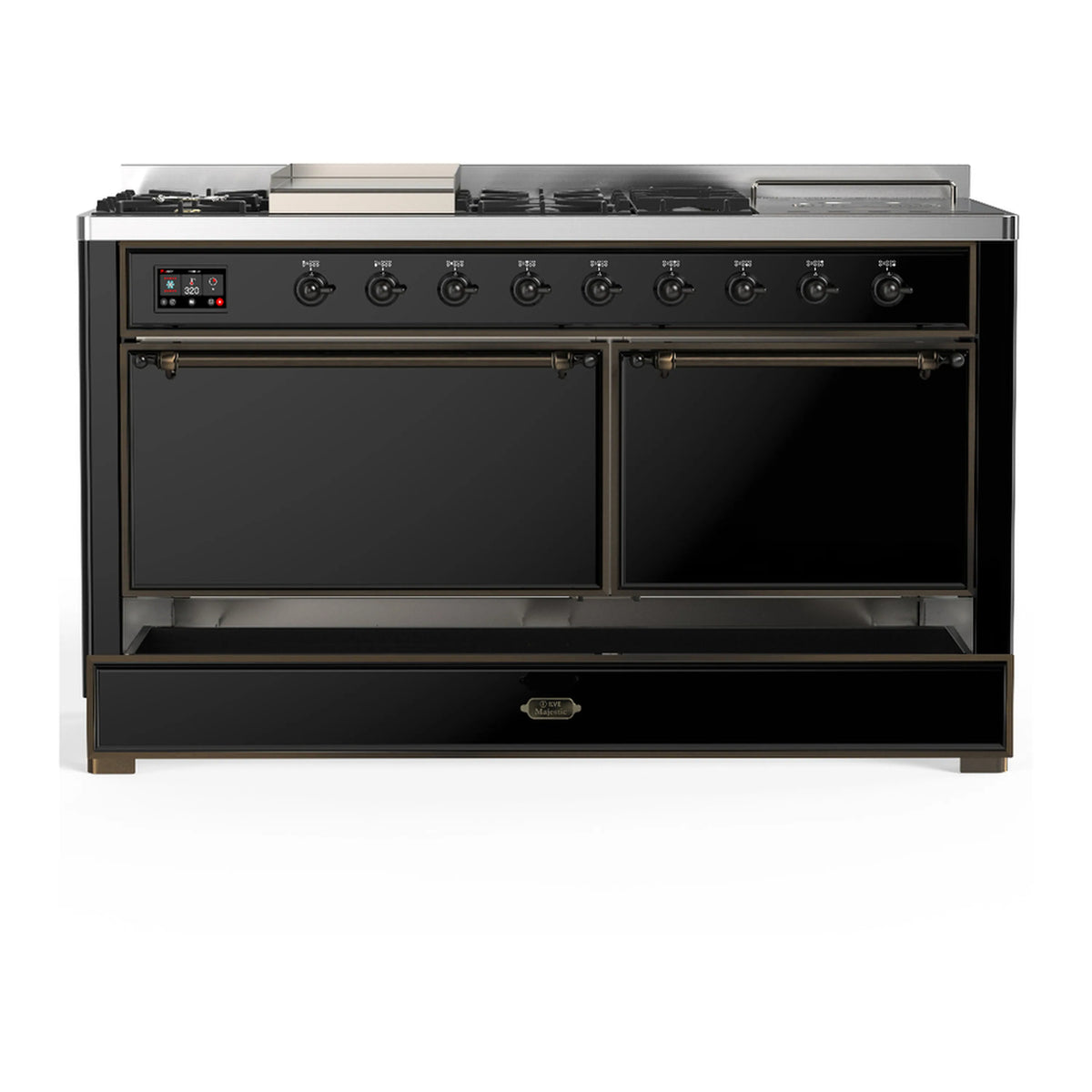 Glossy black dual fuel range with two closed oven doors and burner control panel