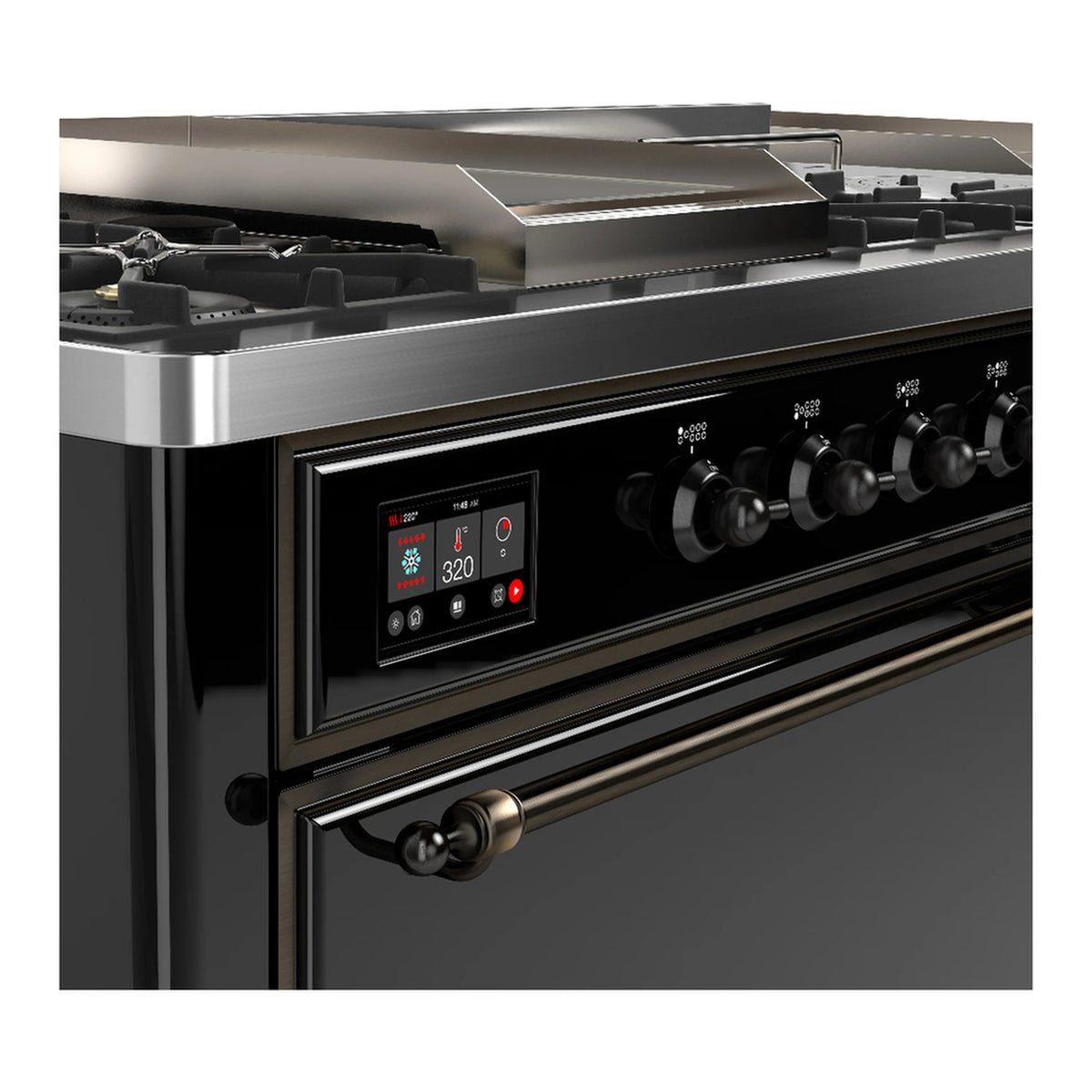 Dual fuel range front control panel with digital display, knobs, and burnished handle accents