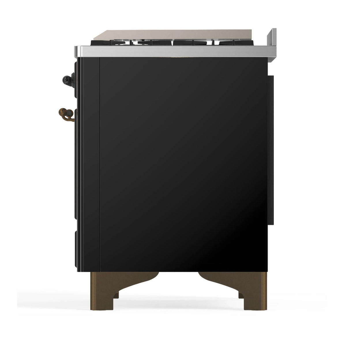 Glossy black dual fuel range rear side view with access panels and burnished legs