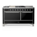 ILVE Majestic III 60-inch Dual Fuel Range with 5 Liquid Propane Burner, Griddle, French Top and Solid Door Electric Oven in Glossy Black with Chrome Trim (UM60FSQNR3BKCLP)