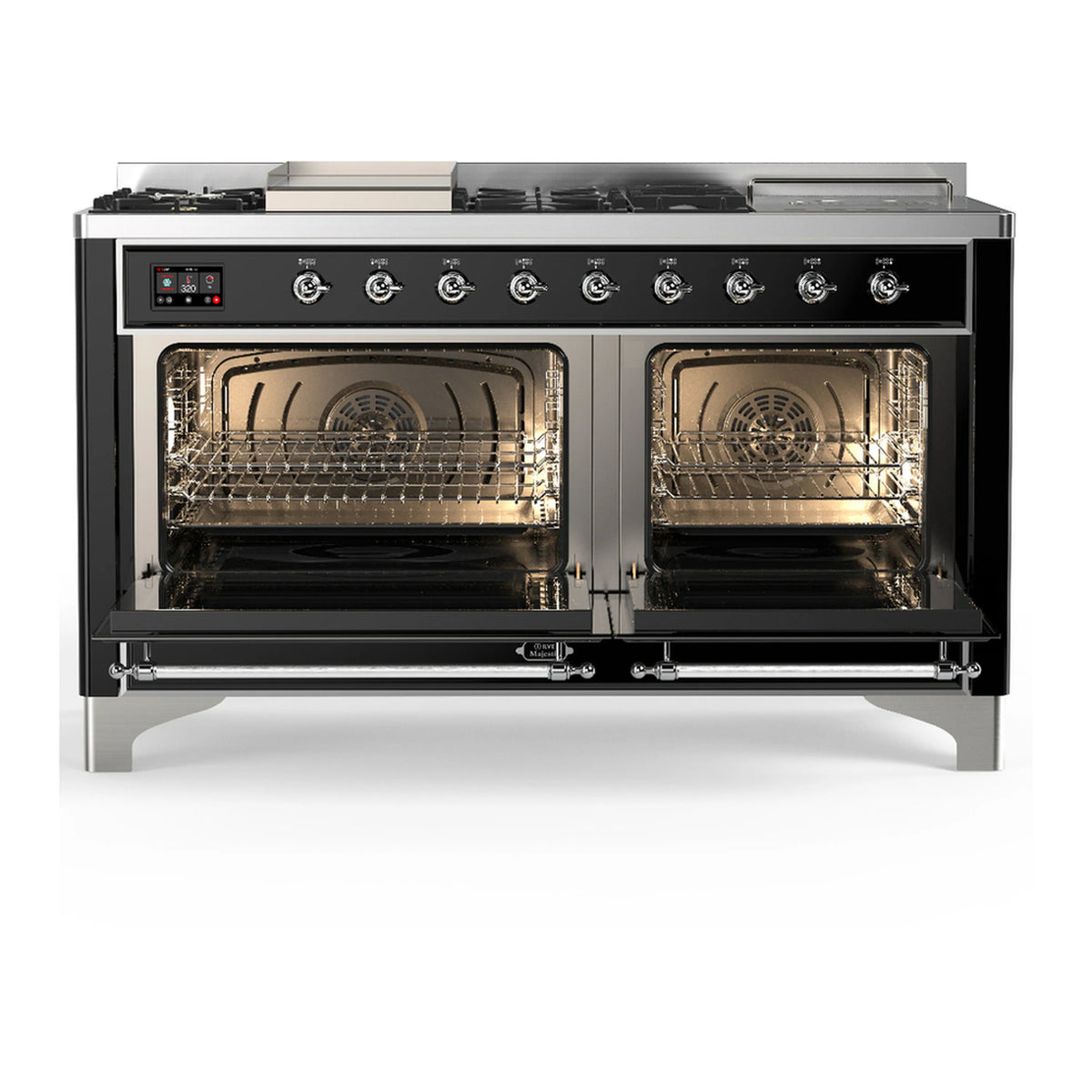 Glossy black dual fuel range with chrome trim and open oven doors showing racks and burners