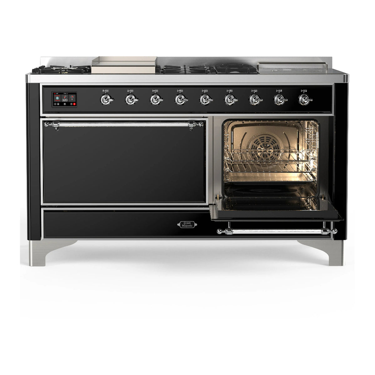 Glossy black dual fuel range with chrome trim and one open oven door with visible oven cavity