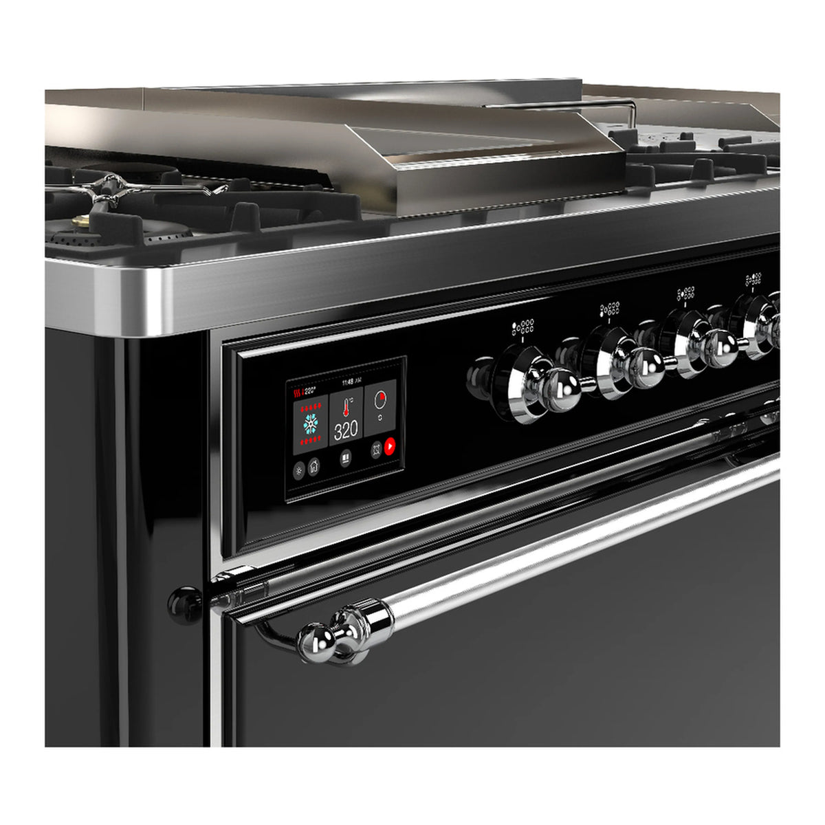 Glossy black dual fuel range control panel with digital display and chrome knobs