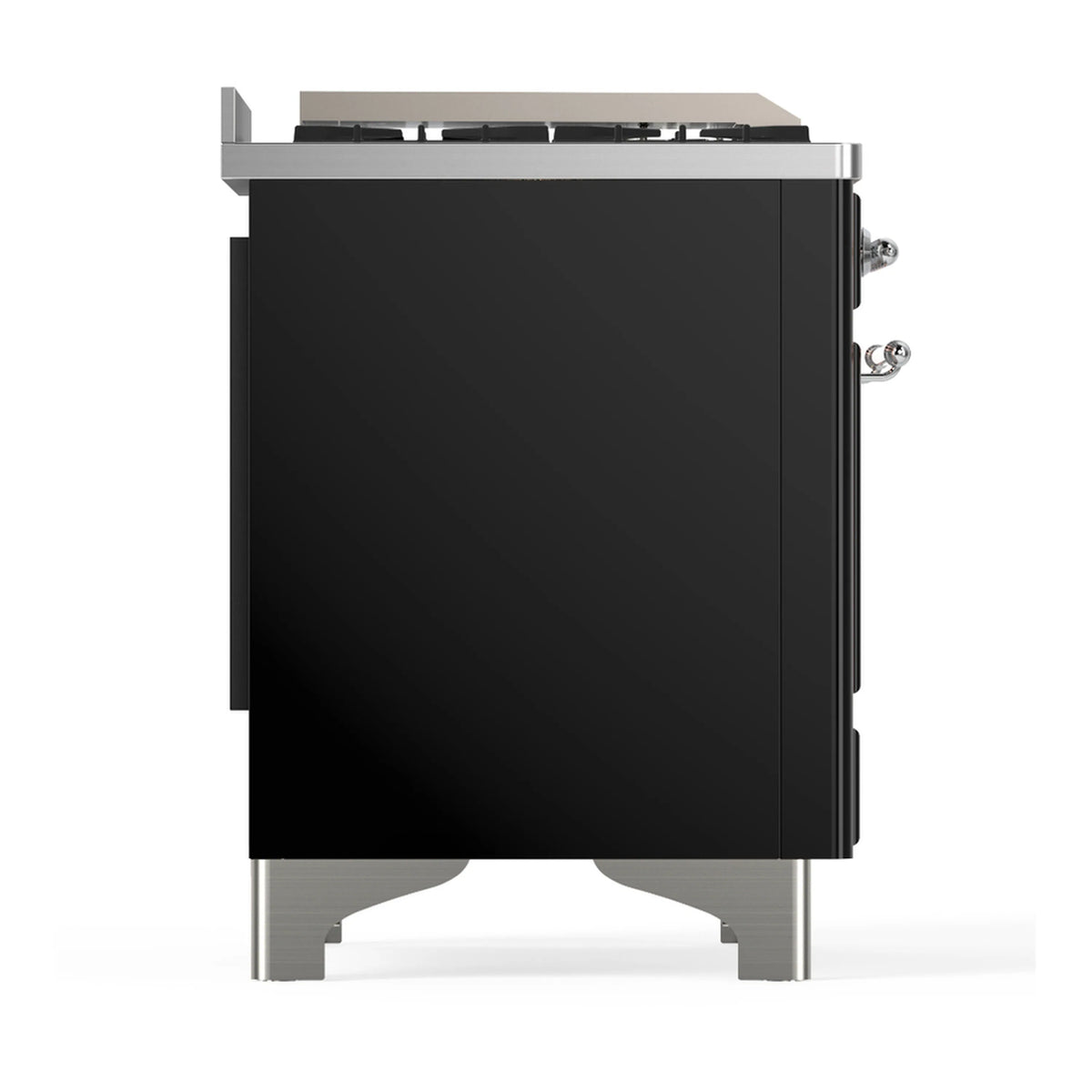 Glossy black dual fuel range side panel with chrome trim and control knobs on front edge